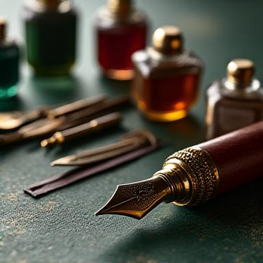 A selection of luxury calligraphy nibs and ink jars arranged neatly
